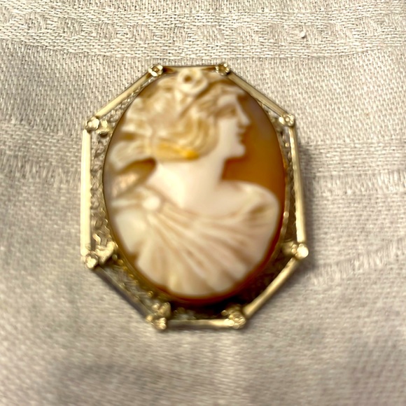 Beautiful 14 karat white gold large antique cameo brooch